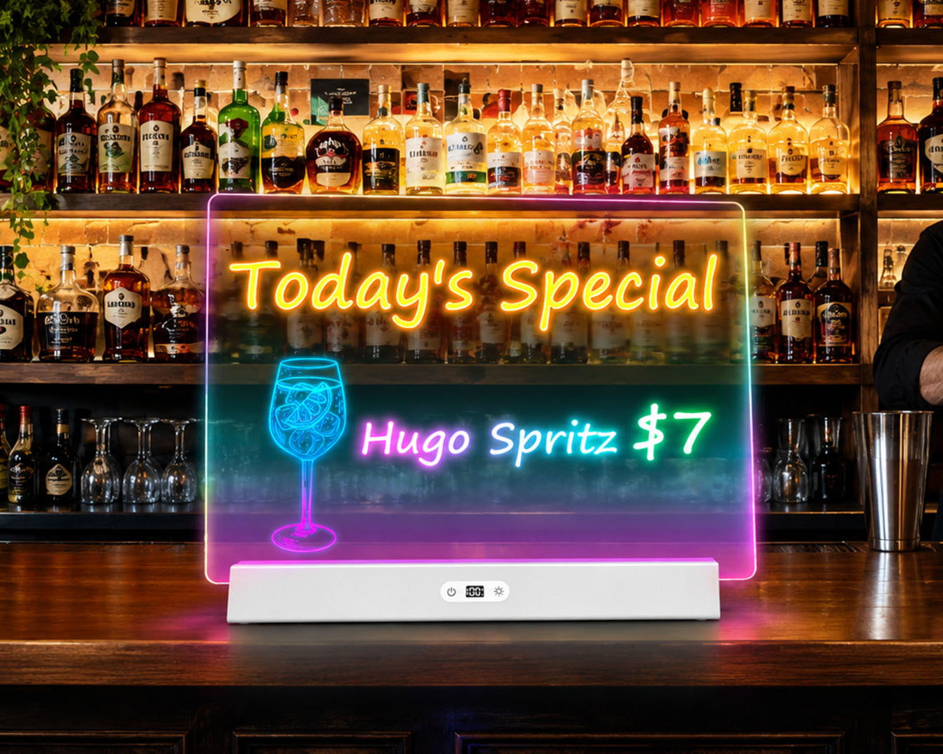 Geokay GlowStand_17-inch LED Drawing Board as a menu board in the bar