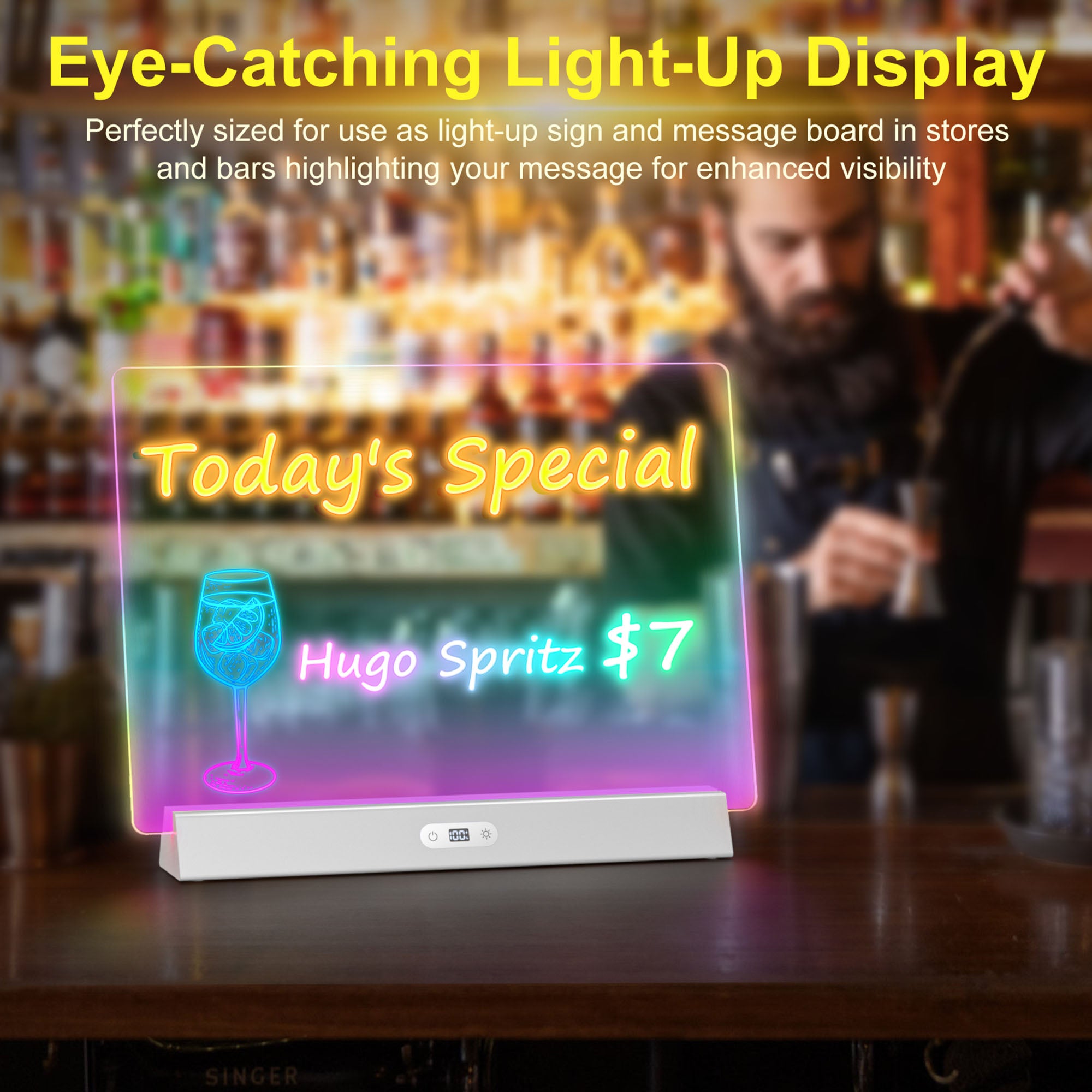 Geokay GlowStand 17-inch LED Drawing Board as a menu board in the bar