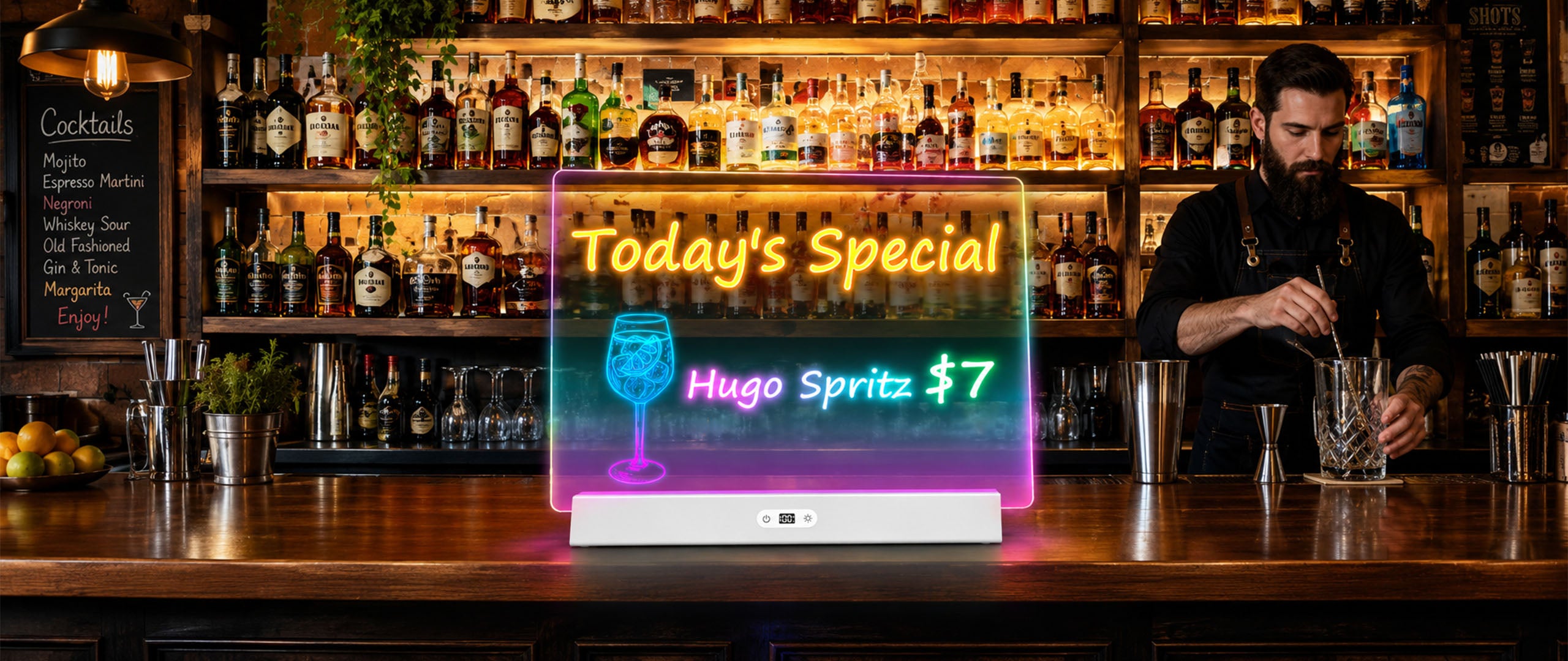 Geokay GlowStand_17-inch LED Drawing Board as a menu board in the bar