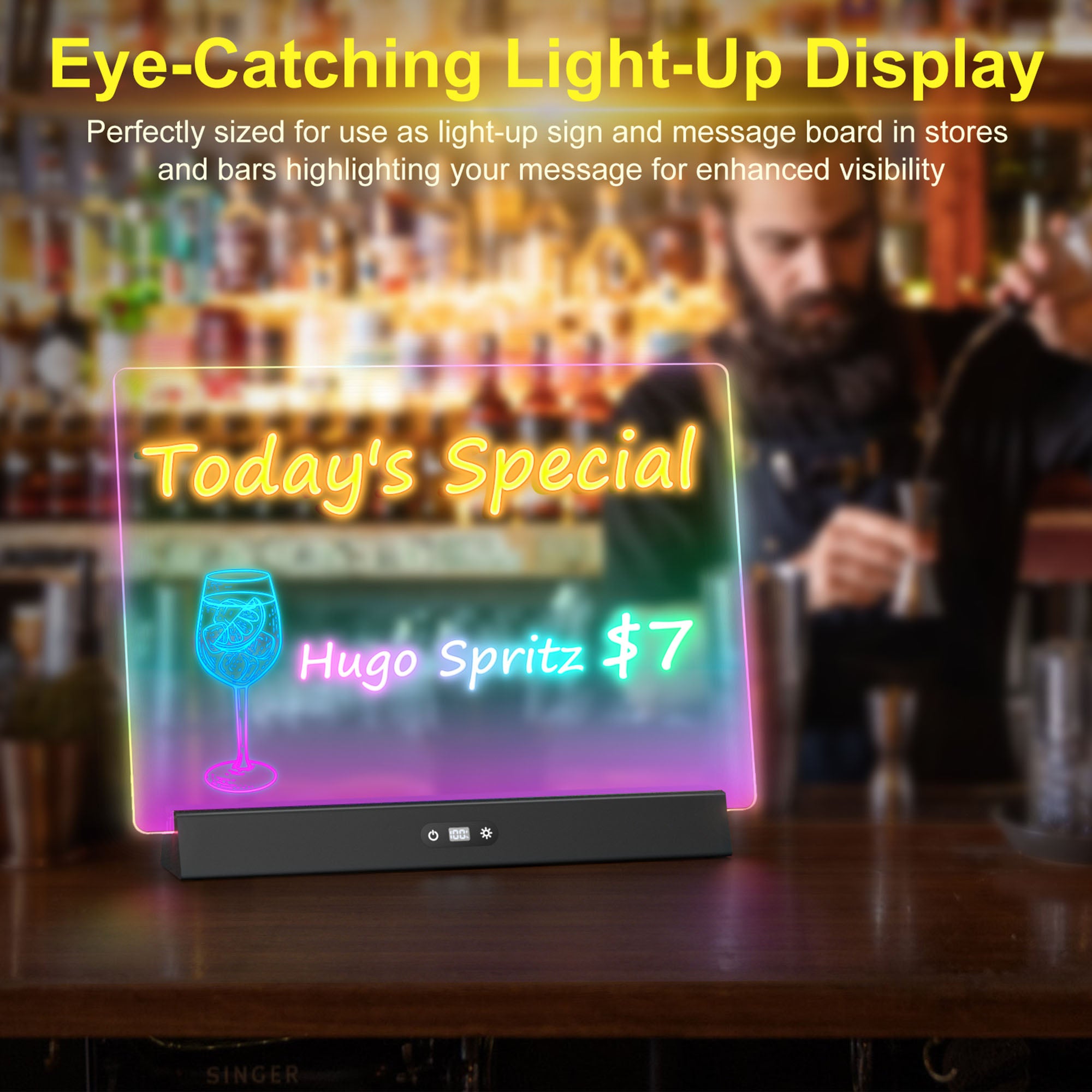 Geokay GlowStand 17-inch LED Drawing Board as a menu board in the bar